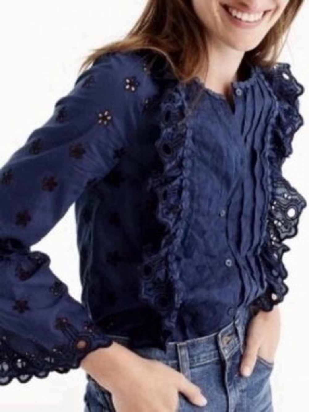 J. Crew Crochet ruffle button up blouse